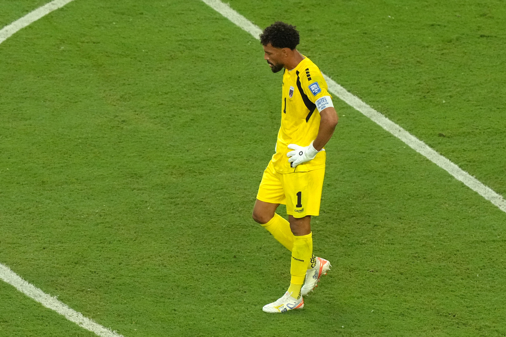 Cape Verde goalkeeper Vozinha (1) reacts after allowing a goal during the World Cup round of 32 soccer match between Argentina and Cape Verde in Miami Gardens, Fla., Friday, July 3, 2026. (AP Photo/Marta Lavandier)