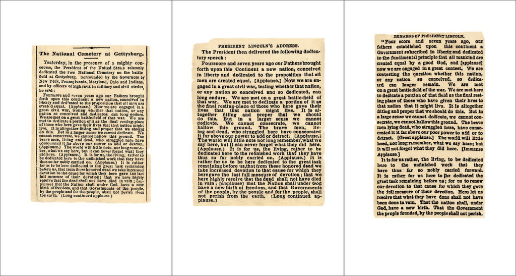 Three versions of the Gettysburg Address in newspapers published on Nov 20 and 21, 1893: From left, The Brooklyn Daily Eagle (the AP account), The New York Times, and The Chicago Tribune. (AP Corporate Archives)