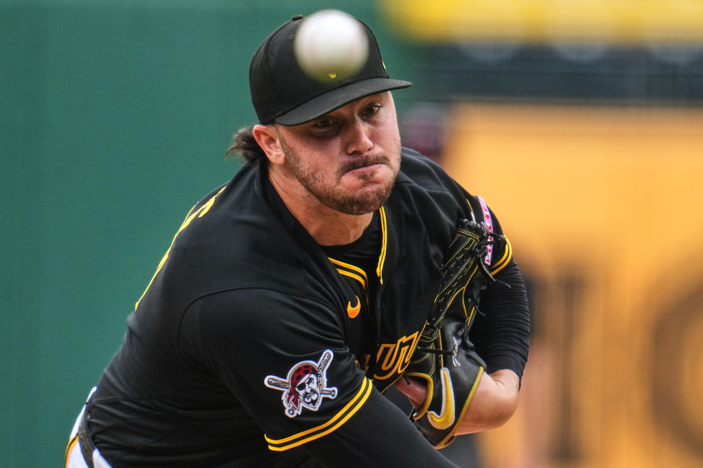 Pittsburgh Pirates pitcher Paul Skenes delivers during the first inning of a baseball game against the Detroit Tigers in Pittsburgh, Wednesday, Aug. 19, 2026. (AP Photo/Gene J. Puskar)