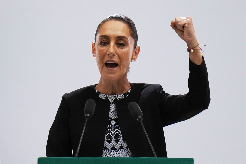 FILE - Mexican President Claudia Sheinbaum speaks at her first state-of-the-nation address at the National Palace in Mexico City, Sept. 1, 2025. (AP Photo/Eduardo Verdugo, File)