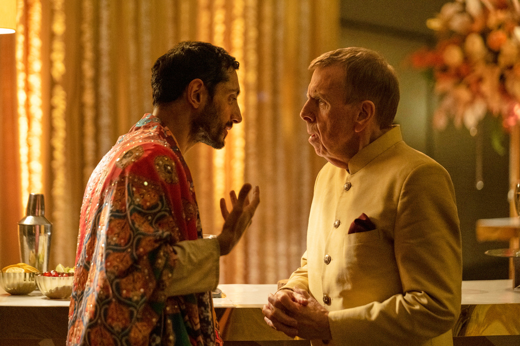 This image released by Vertical Entertainment shows Riz Ahmed, left, and Timothy Spall in a scene from "Hamlet." (Vertical Entertainment via AP)