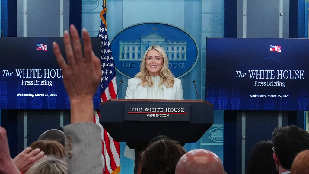 White House press secretary Karoline Leavitt speaks with reporters in the James Brady Press Briefing Room at the White House, Wednesday, March 25, 2026, in Washington. (AP Photo/Julia Demaree Nikhinson)