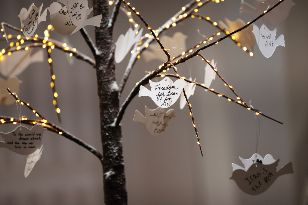 Hand written messages are posted on a tree, part of a dedicated memorial space for the lives lost in Iran, during a gathering in New York, on Saturday, March 14, 2026, for the upcoming Nowruz, Iranian/Persian New Year's day. (AP Photo/Heather Khalifa)