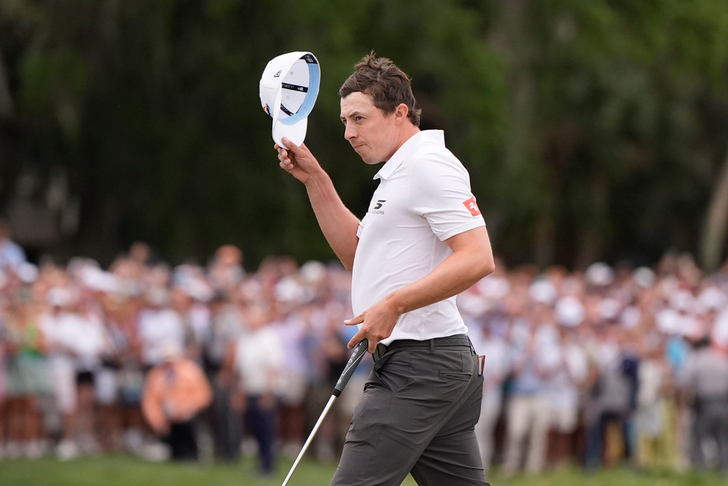 Matt Fitzpatrick, of England, celebrates after winning the RBC Heritage golf tournament Sunday, April 19, 2026, in Hilton Head, S.C. (AP Photo/Mike Stewart)