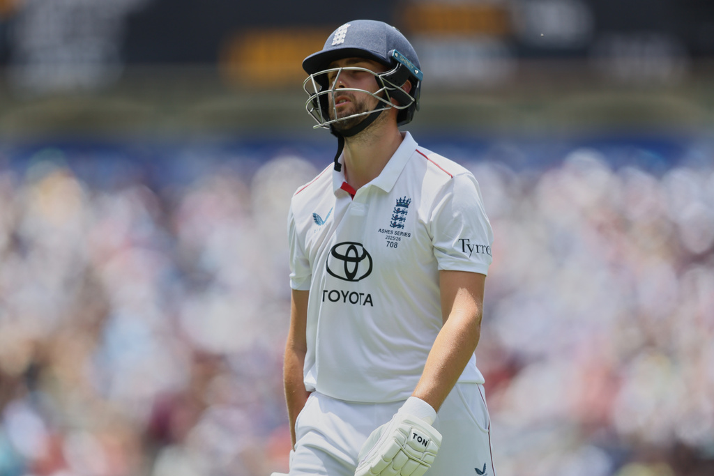 England's Will Jacks reacts as leaves the field after losing his wicket during play on the final day of the third Ashes cricket test between England and Australia in Adelaide, Australia, Sunday, Dec. 21, 2025. (AP Photo/James Elsby)