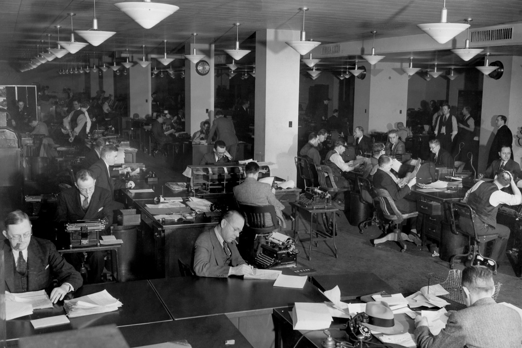 The newsroom of the Associated Press headquarters at 50 Rockefeller Plaza, 1939. (AP Photo/Corporate Archives)