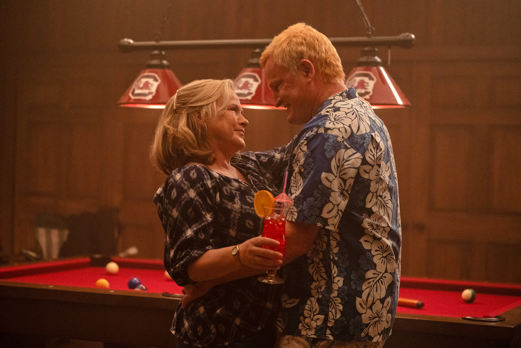 This image released by Hulu shows Patricia Arquette, left, and Jason Clarke in a scene from the limited series "Murdaugh: Death in the Family." (Daniel Delgado Jr./Hulu via AP)