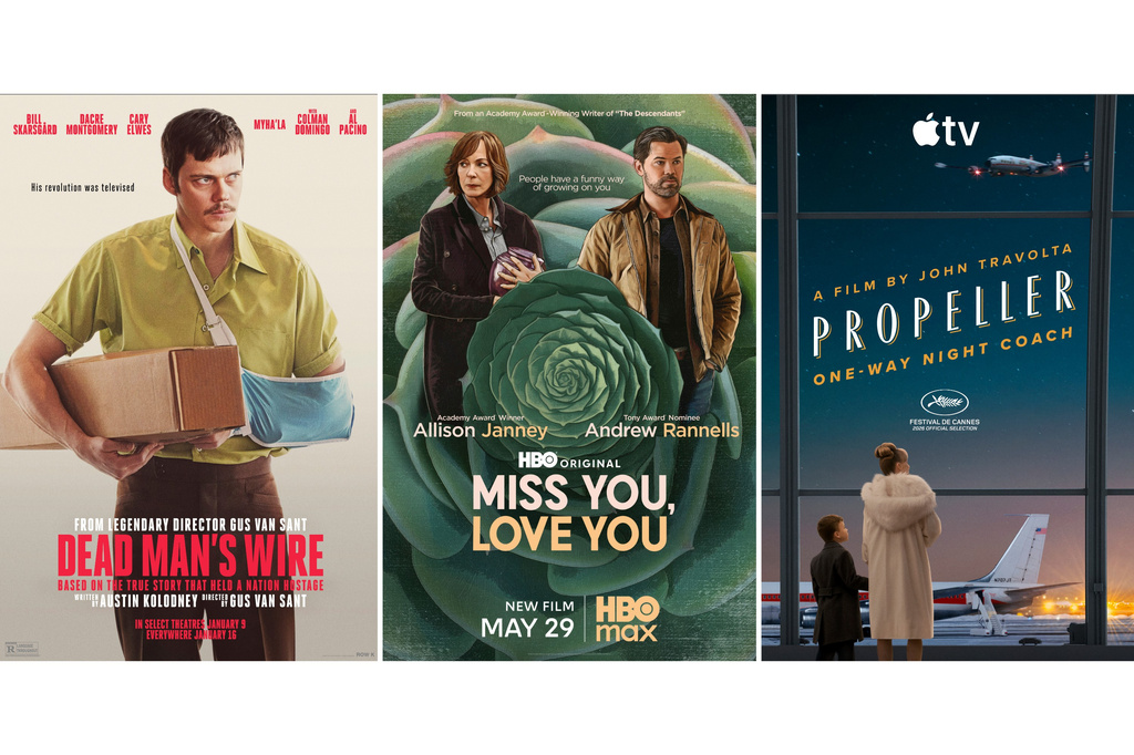 This combination of images shows promotional art for the films, from left, "Dead Man's Wire," "Miss You, Love You," and "Propeller One-Way Night Coach." (Row K/HBO Max/Apple via AP)