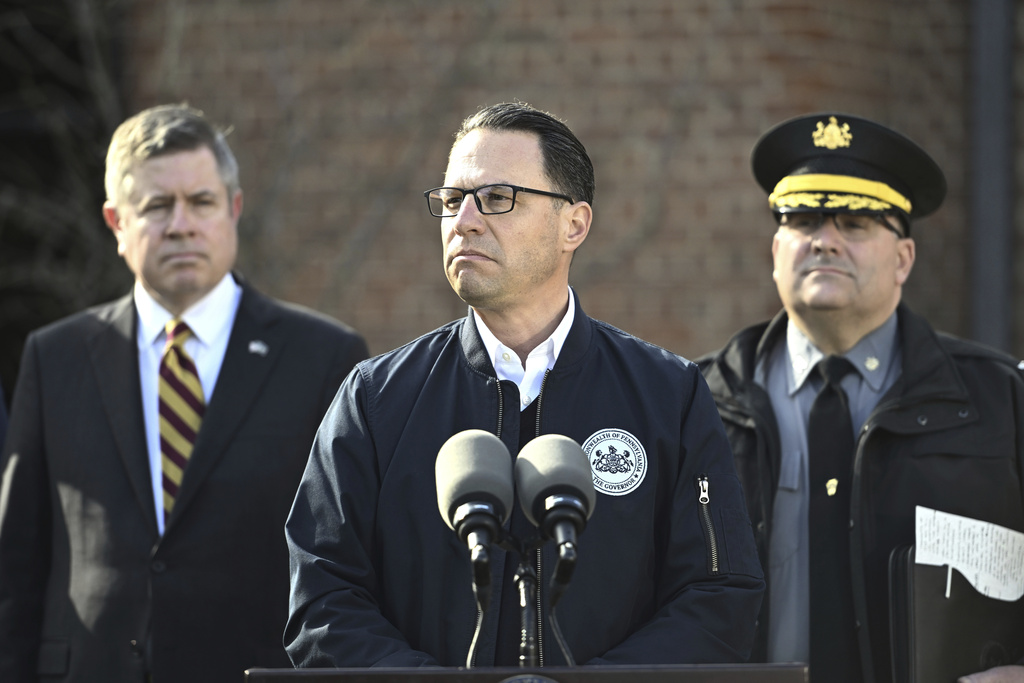 FILE - Pennsylvania Gov. Josh Shapiro pauses during a news conference at the governor's official residence discussing the alleged arson that forced him, his family and guests to flee in the middle of the night on the Jewish holiday of Passover, Sunday, Apr. 13, 2025, in Harrisburg, Pa. (AP Photo/Marc Levy, File)
