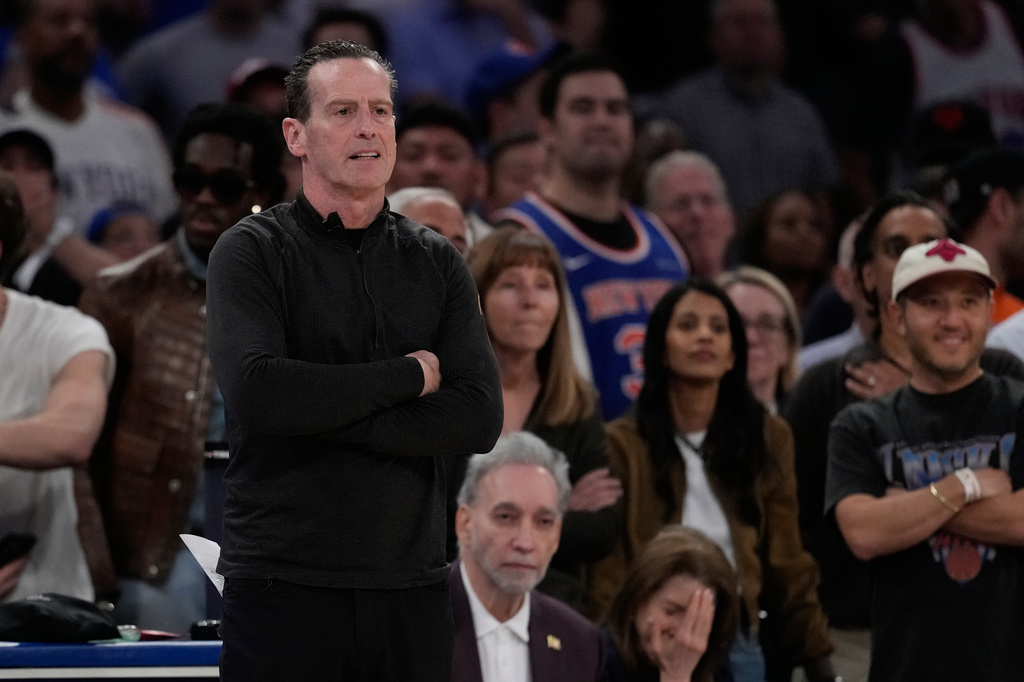 Cleveland Cavaliers head coach Kenny Atkinson looks on during the overtime period of Game 1 in the Eastern Conference finals NBA basketball playoffs series against the New York Knicks, Tuesday, May 19, 2026, in New York. (AP Photo/Seth Wenig)