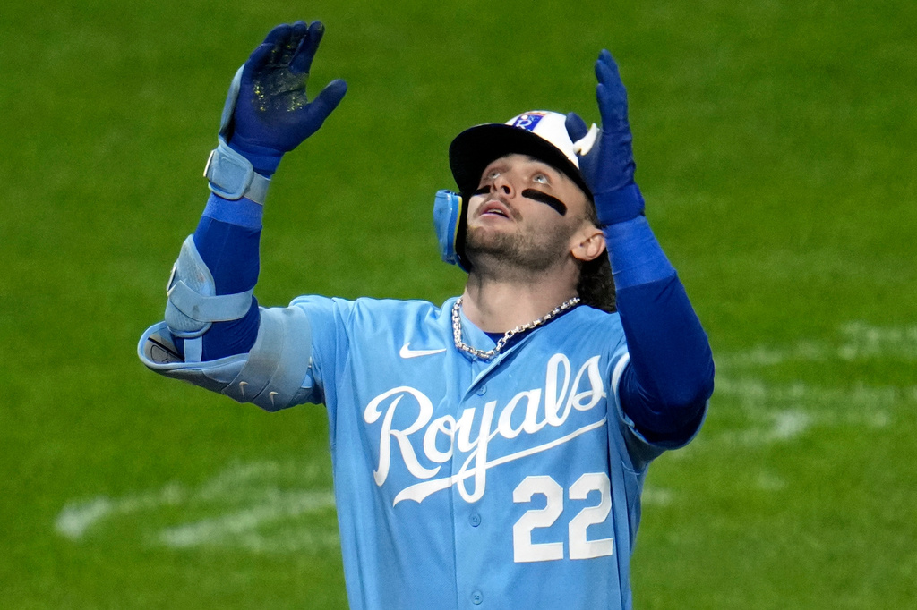 Kansas City Royals' Carter Jensen celebrates as he crosses home plate after hitting a solo home run off Pittsburgh Pirates pitcher Bubba Chandler during the third inning of a baseball game in Pittsburgh, Saturday, Sept. 19, 2026. (AP Photo/Gene J. Puskar)