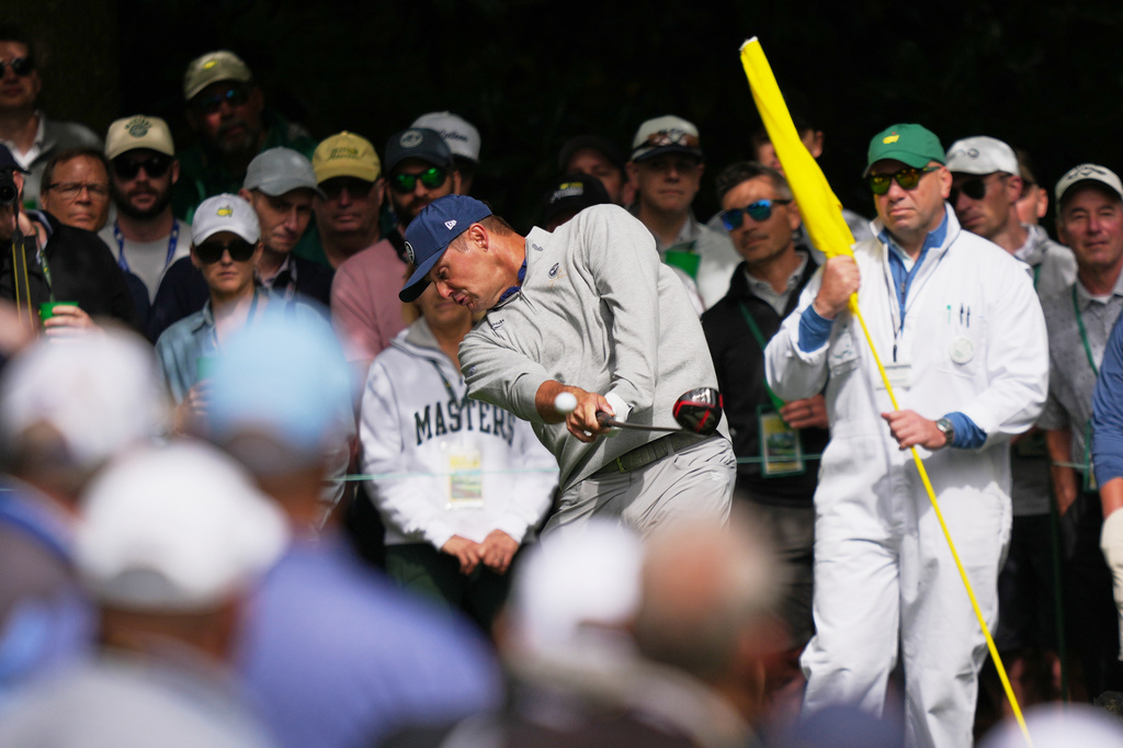 Bryson DeChambeau hits his tee shot on the seventh hole during a practice round ahead of the Masters golf tournament at the Augusta National Golf Club, Tuesday, April 7, 2026, in Augusta, Ga. (AP Photo/Matt Slocum)