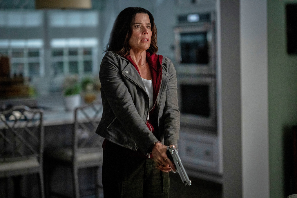 This image released by Paramount Pictures shows Neve Campbell in a scene from "Scream 7." (Paramount Pictures via AP)