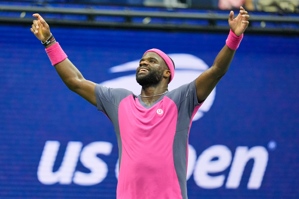 Frances Tiafoe, of the United States, celebrates winning a match against Alex Michelsen, of the United States, during the quarterfinal round of the U.S. Open tennis championships, Tuesday, Sept. 8, 2026, in New York. (AP Photo/Seth Wenig)
