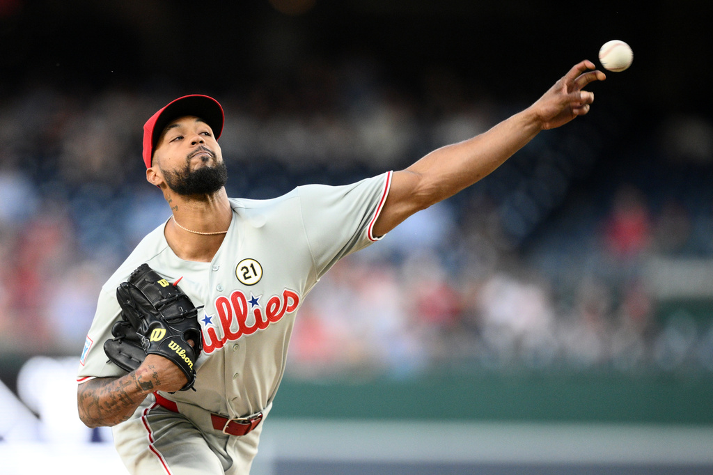 Philadelphia Phillies pitcher Cristopher Sanchez throws during the first inning of a baseball game against the Washington Nationals, Tuesday, Sept. 15, 2026, in Washington. (AP Photo/Nick Wass)
