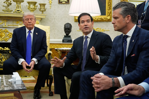 President Donald Trump and Defense Secretary Pete Hegseth listen as Secretary of State Marco Rubio speaks during a meeting with NATO Secretary General Mark Rutte in the Oval Office of the White House, Wednesday, Oct. 22, 2025, in Washington. (AP Photo/Alex Brandon) President Donald Trump and Defense Secretary Pete Hegseth listen as Secretary of State Marco Rubio speaks during a meeting with NATO Secretary General Mark Rutte in the Oval Office of the White House, Wednesday, Oct. 22, 2025, in Washington. (AP Photo/Alex Brandon)