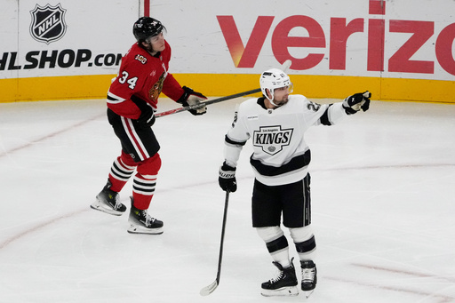 Los Angeles Kings left wing Kevin Fiala, right, celebrates after his goal in front of Chicago Blackhawks center Colton Dach, left, during the second period of an NHL hockey game Sunday, Oct. 26, 2025, in Chicago. (AP Photo/David Banks) Los Angeles Kings left wing Kevin Fiala, right, celebrates after his goal in front of Chicago Blackhawks center Colton Dach, left, during the second period of an NHL hockey game Sunday, Oct. 26, 2025, in Chicago. (AP Photo/David Banks)