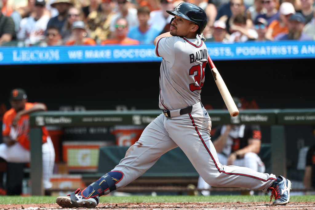 Atlanta Braves' Drake Baldwin hits a single during the third inning of a baseball game against the Baltimore Orioles, Sunday, July 26, 2026, in Baltimore. (AP Photo/Daniel Kucin Jr.)