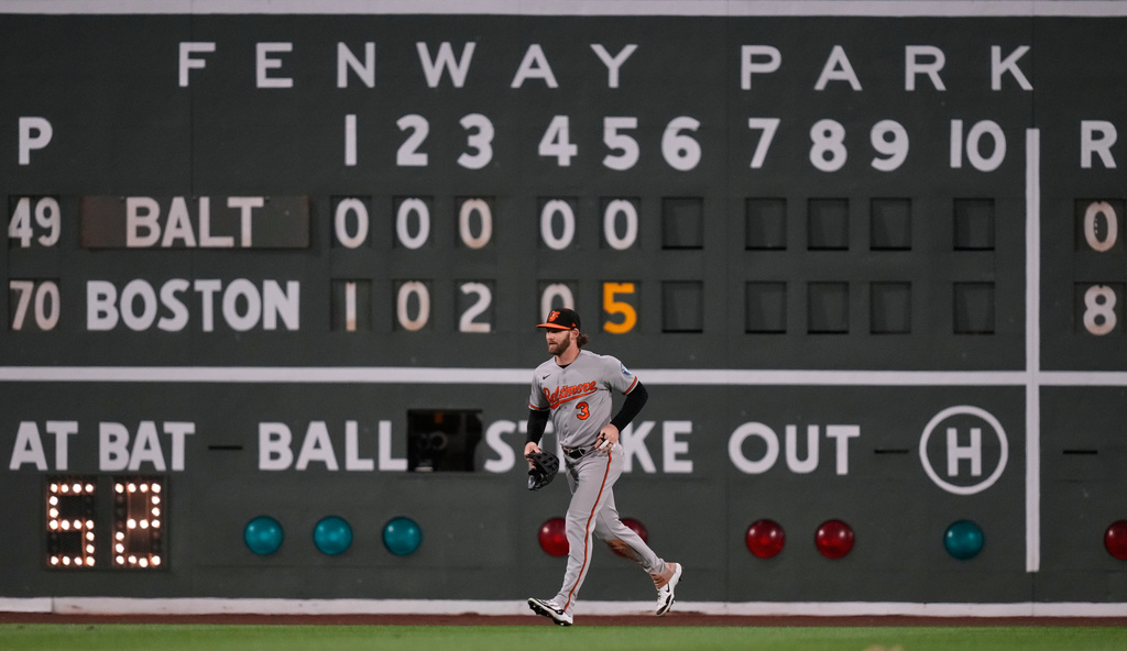 Baltimore Orioles left fielder Taylor Ward heads to the dugout at the completion of a tough fifth inning of a baseball game against the Boston Red Sox, Wednesday, June 3, 2026, in Boston. (AP Photo/Charles Krupa)