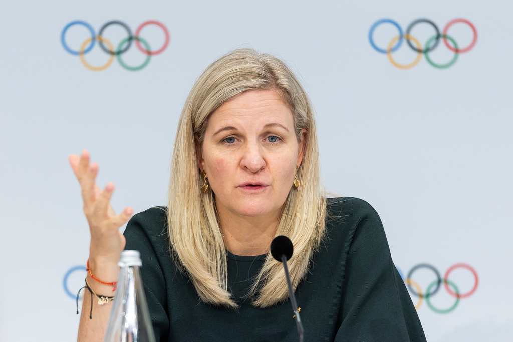 International Olympic Committee (IOC) President Kirsty Coventry speaks during a press conference at the end of the first day of the 146th Session of the IOC at the SwissTech Convention Centre, in Lausanne, Switzerland, Wednesday, June 24, 2026. (Cyril Zingaro/Keystone via AP)