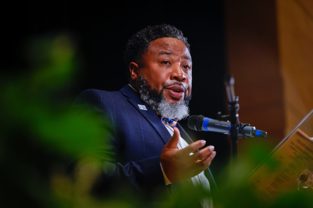 DeKalb County school Superintendent Devon Horton speaks during a press conference at Lithonia High School in Lithonia, Ga., on Monday, Sept. 29, 2025. (Arvin Temkar/Atlanta Journal-Constitution via AP)