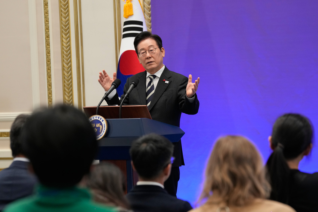 South Korean President Lee Jae Myung speaks during a news conference to mark the first anniversary of the Dec. 3 martial law crisis at the Blue House in Seoul, South Korea, Wednesday, Dec. 3, 2025. (AP Photo/Ahn Young-joon)