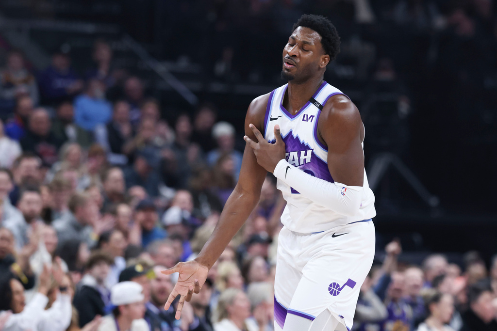 Utah Jazz forward Jaren Jackson Jr. reacts after making a three point basket against the Sacramento Kings during the first half of an NBA basketball game, Wednesday, Feb. 11, 2026, in Salt Lake City. (AP Photo/Rob Gray)