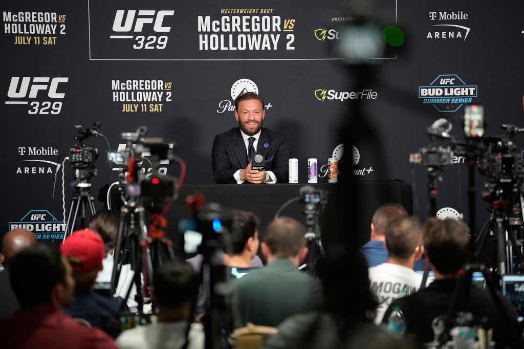 Conor McGregor speaks during a news conference for the UFC 329 mixed martial arts event Wednesday, July 8, 2026, in Las Vegas. (AP Photo/John Locher)