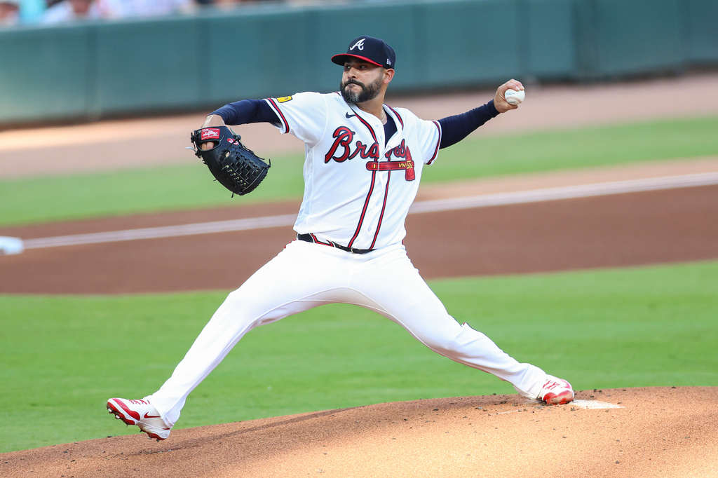 Atlanta Braves pitcher Martín Pérez delivers in the first inning of a baseball game against the San Diego Padres, Wednesday, July 22, 2026, in Atlanta. (AP Photo/Colin Hubbard)