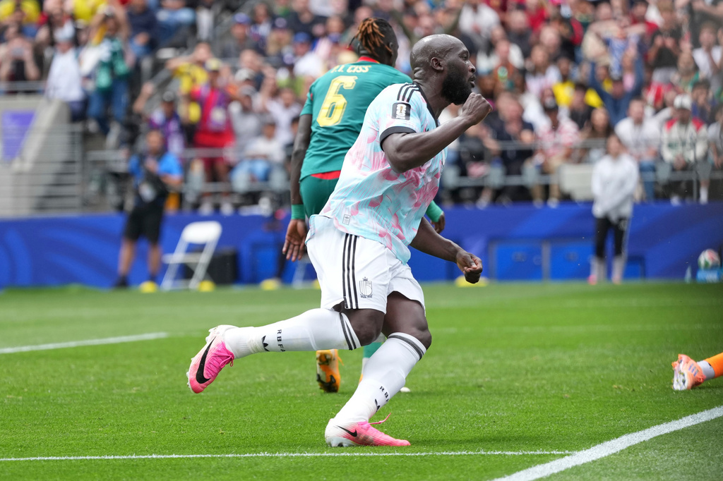 Belgium's Romelu Lukaku (9) celebrates scoring their first goal during the World Cup round of 32 soccer match between Belgium and Senegal in Seattle, Wednesday, July 1, 2026. (AP Photo/Abbie Parr)