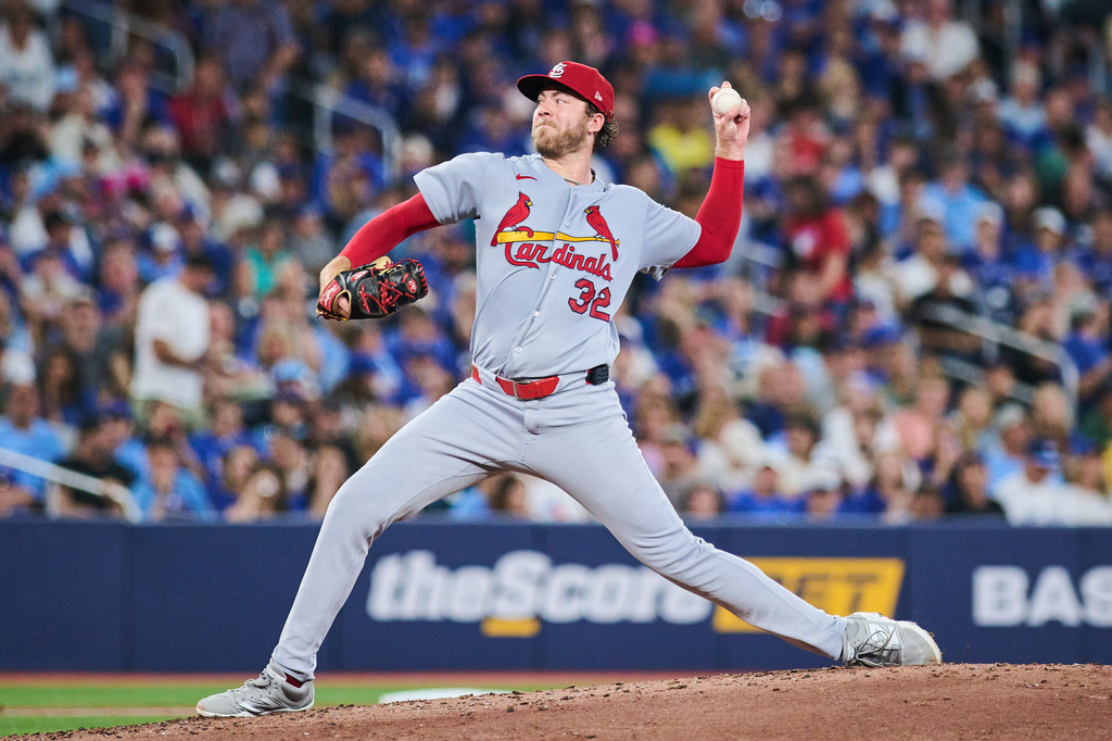 St. Louis Cardinals' Matthew Liberatore works against the Toronto Blue Jays during the fourth inning of a baseball game in Toronto, Sunday, Aug. 2, 2026. (Sammy Kogan/The Canadian Press via AP)