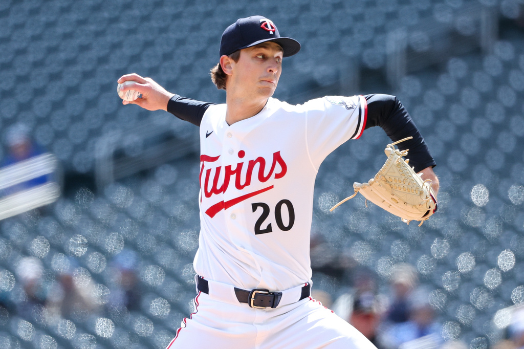 Minnesota Twins starting pitcher Mick Abel delivers during the first inning of baseball game against the Detroit Tigers, Thursday, April 9, 2026, in Minneapolis. (AP Photo/Matt Krohn)