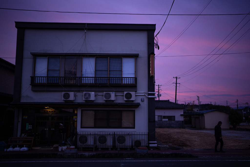 Tomoko Kobayashi's Futabaya Ryokan at dawn in Odaka, Fukushima Prefecture, Friday, Feb. 13, 2026. (AP Photo/Louise Delmotte)