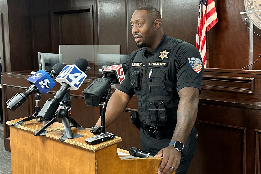 Oklahoma County Sheriff Tommie Johnson speaks to reporters on Wednesday, Sept. 17, 2025 at the Oklahoma County courthouse in Oklahoma City. (AP Photo/Sean Murphy)