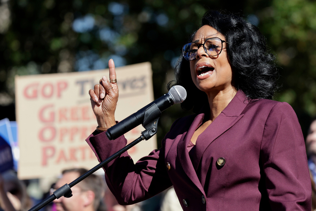 State Rep. Nicole Collier from Texas speaks during a rally protesting a proposed redistricting map Tuesday, Oct. 21, 2025, in Raleigh, N.C. (AP Photo/Chris Seward)