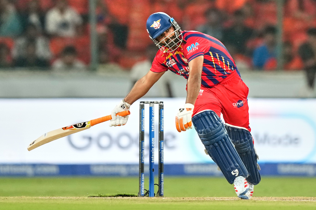 Lucknow Super Giants' captain Rishabh Pant hits a boundary during the Indian Premier League cricket match between Sunrisers Hyderabad and Lucknow Super Giants in Hyderabad, India, Sunday, April 5, 2026. (AP Photo/Mahesh Kumar A.)