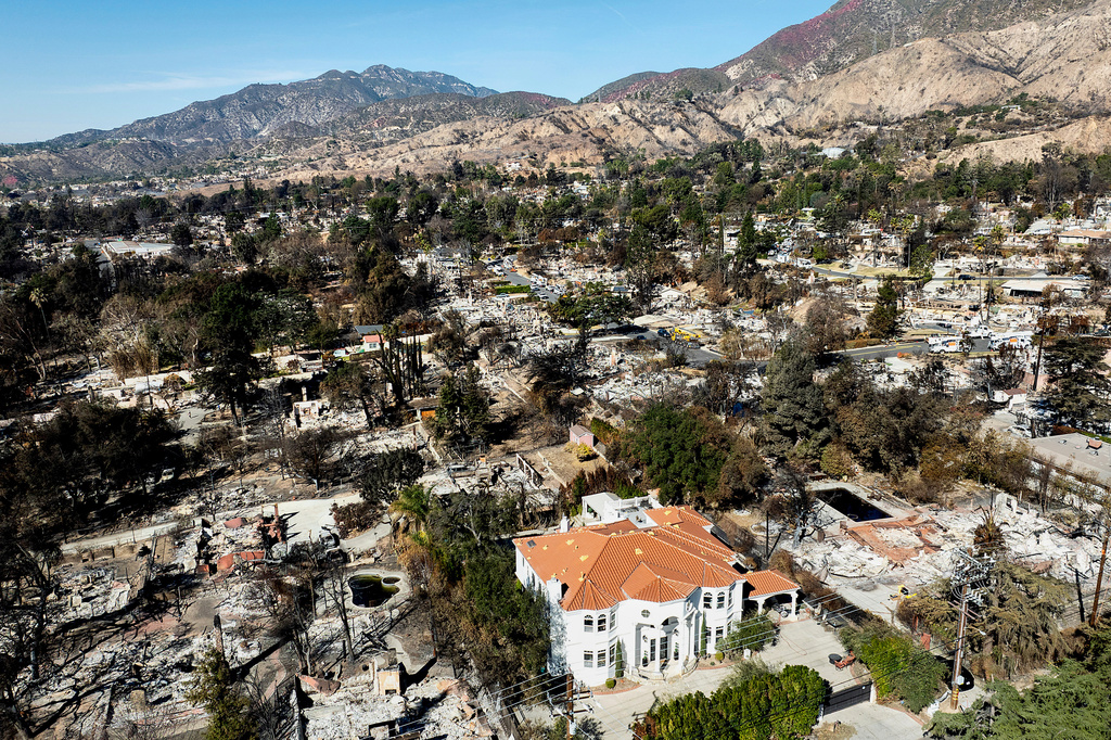 FILE - A lone home stands among residences leveled by the Eaton Fire in Altadena, Calif., Jan. 21, 2025. (AP Photo/Noah Berger, File)