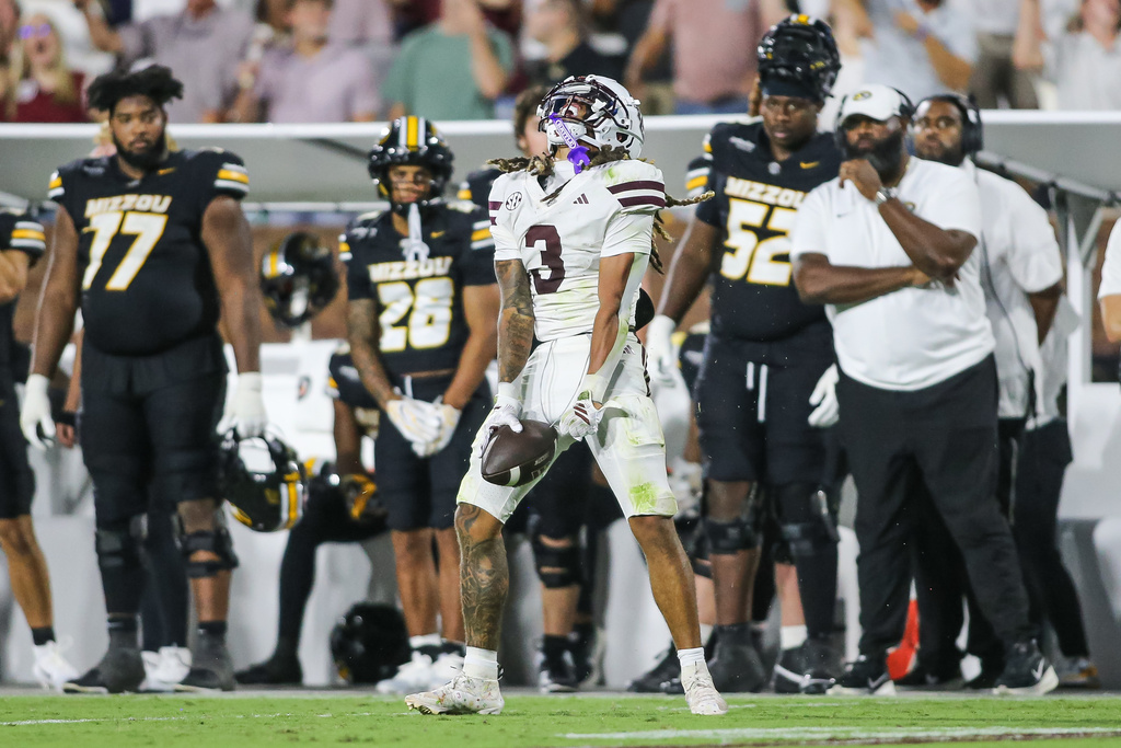 Mississippi State wide receiver Anthony Evans III (3) reacts after a catch against Missouri during the second half of an NCAA college football game in Starkville, Miss., Saturday, Sept. 26, 2026. (AP Photo/James Pugh)