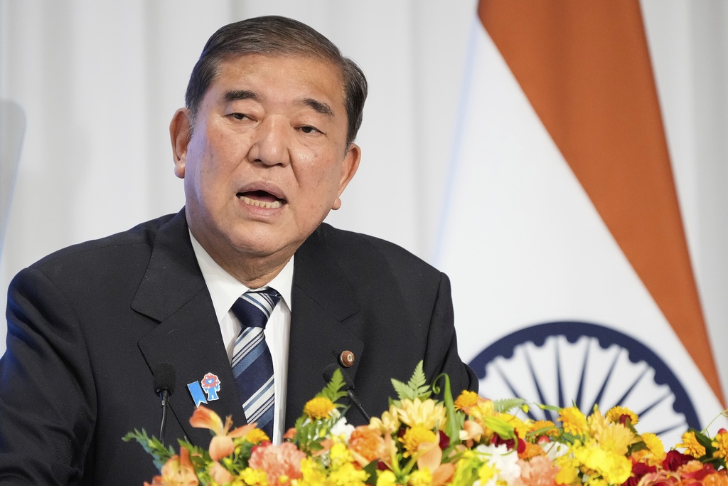 Japanese Prime Minister Shigeru Ishiba delivers a speech during the Japan India Economic Forum in Tokyo Friday, Aug. 29, 2025. (AP Photo/Eugene Hoshiko)