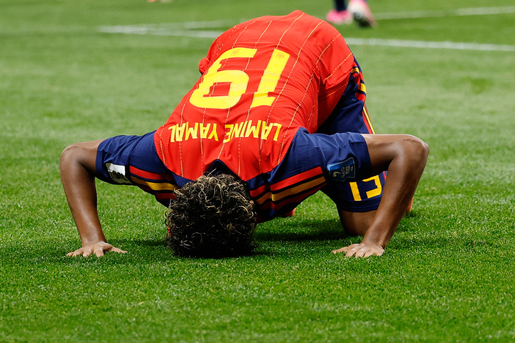 Spain's Lamine Yamal celebrates after scoring his side's opening goal during the World Cup Group H soccer match between Spain and Saudi Arabia in Atlanta, Sunday, June 21, 2026. (AP Photo/Erik S.Lesser)