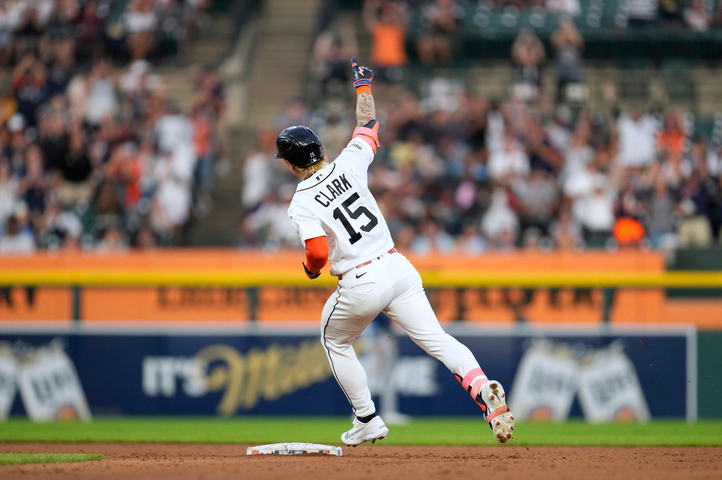 Detroit Tigers' Max Clark rounds second base after hitting a two-run home run against the Tampa Bay Rays during the fifth inning of a baseball game Tuesday, Aug. 25, 2026, in Detroit. (AP Photo/Paul Sancya)