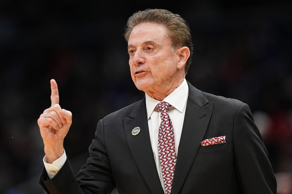 St. John's head coach Rick Pitino gestures during the first half against Duke in the Sweet 16 of the NCAA college basketball tournament, Friday, March 27, 2026, in Washington. (AP Photo/Abbie Parr)