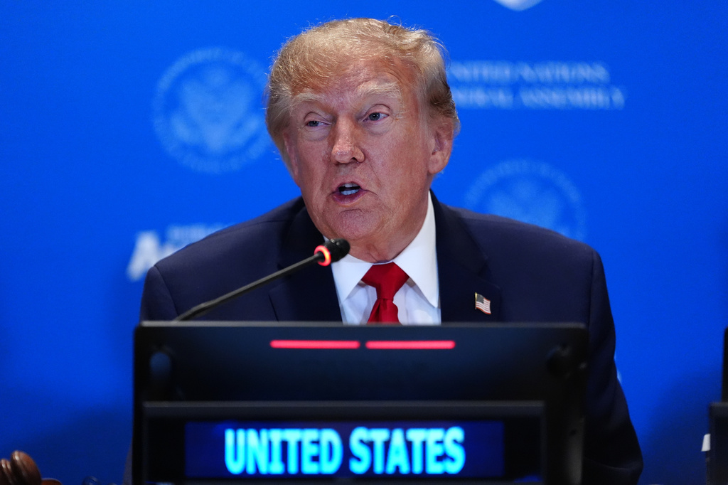 President Donald Trump attends a meeting of the multinational political and security coalition "Shield of the Americas" on the sidelines the United Nations General Assembly, Tuesday, Sept. 22, 2026, at the UN headquarters. (AP Photo/Julia Demaree Nikhinson)