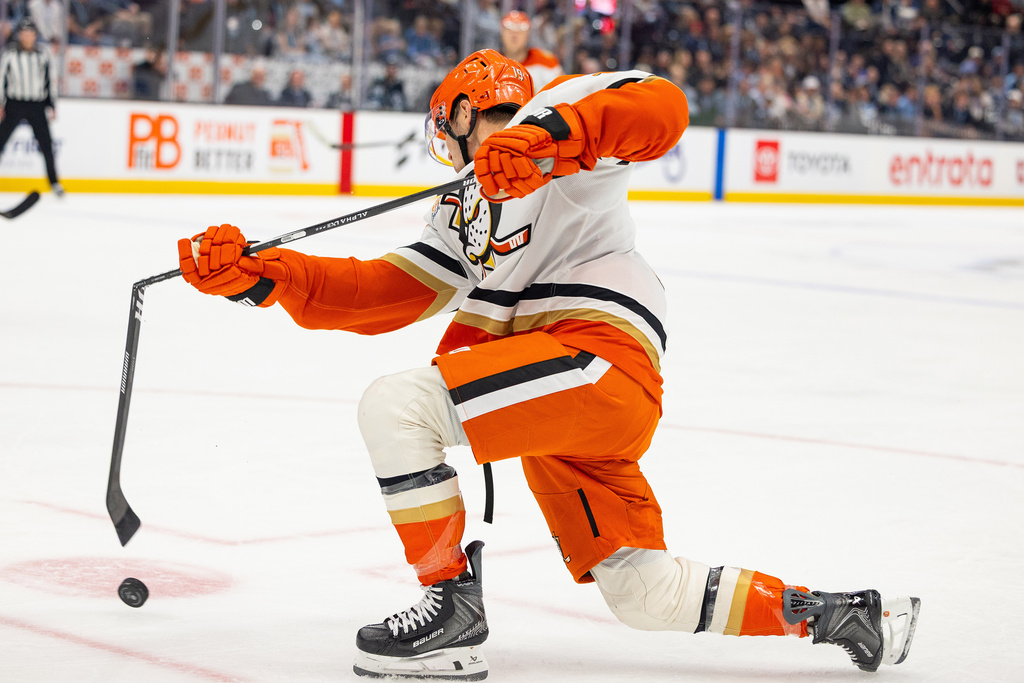 Anaheim Ducks right wing Troy Terry breaks his stick while trying to shoot against the Utah Mammoth during the second period of an NHL hockey game, Friday, March 20, 2026, in Salt Lake City. (AP Photo/Melissa Majchrzak)