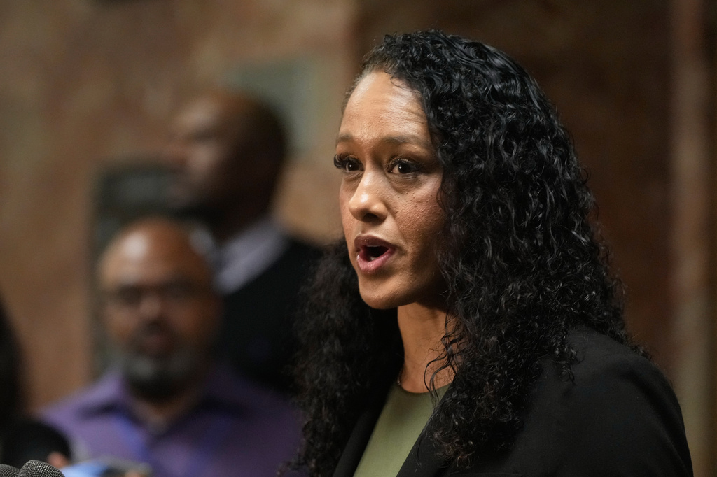 San Francisco District Attorney Brooke Jenkins speaks to reporters outside of a courtroom, Tuesday, April 14, 2026, in San Francisco. (AP Photo/Jeff Chiu)