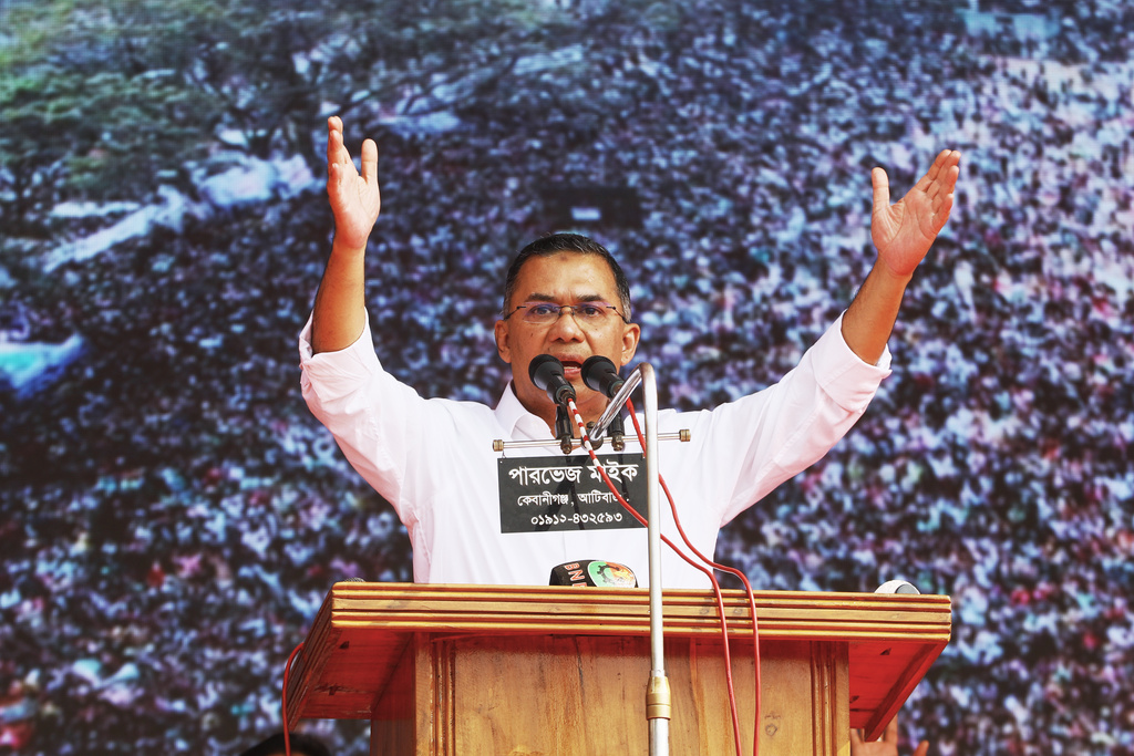 Tarique Rahman, the son of former Prime Minister Khaleda Zia and chairman of the Bangladesh Nationalist Party (BNP), addresses a campaign rally ahead of next month's national elections, in Sylhet, Bangladesh, Thursday, Jan. 22, 2026. (AP Photo/Anis Mahmud)