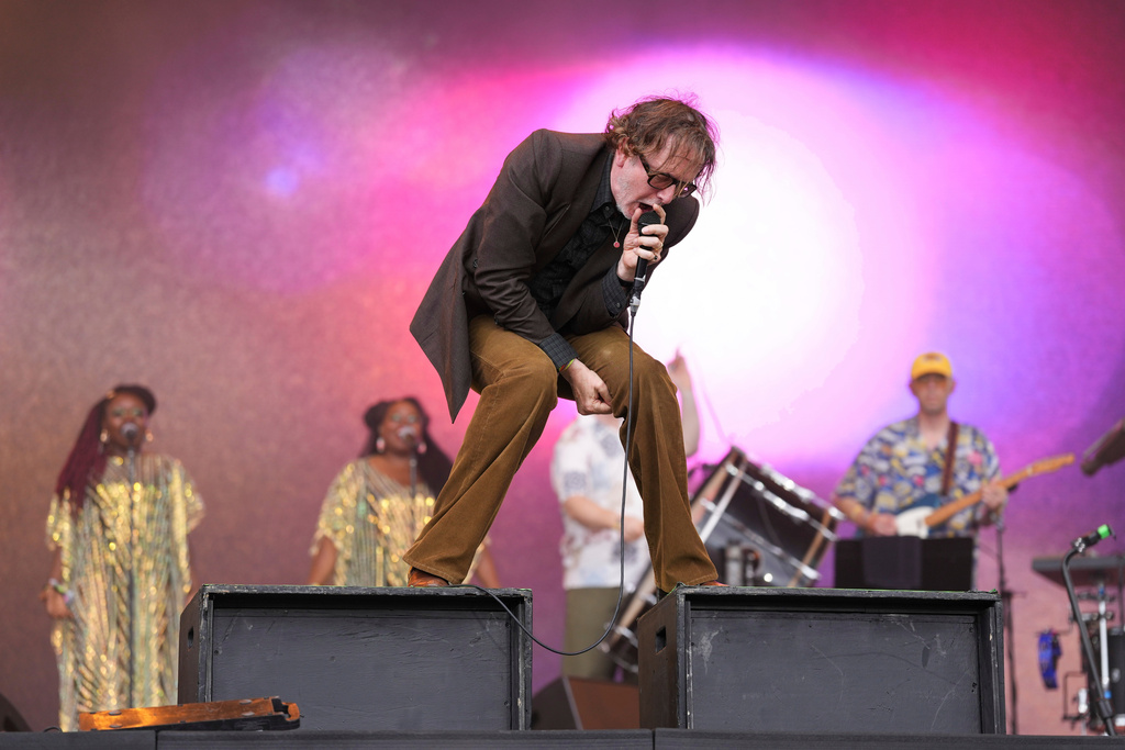 FILE - Jarvis Cocker, of the rock band Pulp, performs during the Glastonbury Festival in Worthy Farm, Somerset, England, June 28, 2025. (Scott A Garfitt/Invision/AP, File)