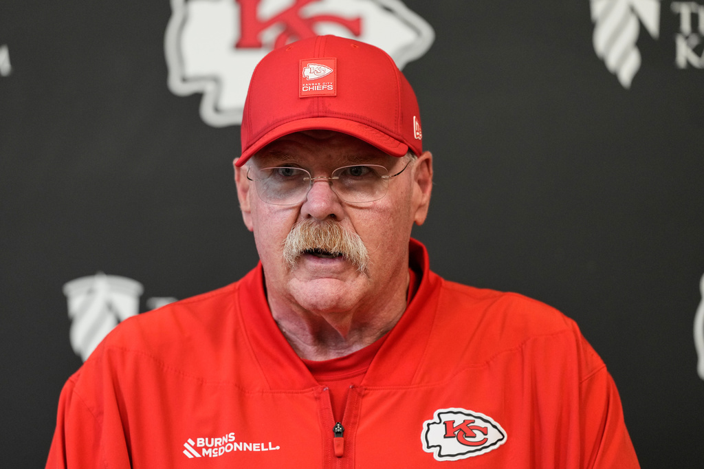 Kansas City Chiefs head coach Andy Reid addresses the media after the NFL football team's organized team activities Thursday, May 28, 2026, in Kansas City, Mo. (AP Photo/Charlie Riedel)
