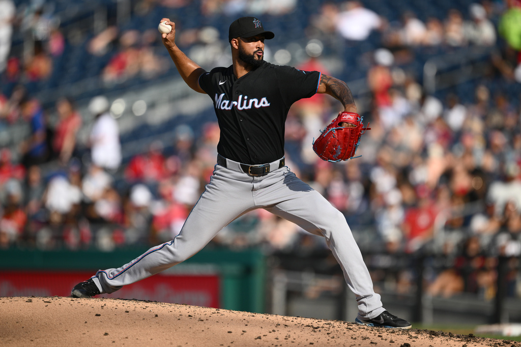 Miami Marlins pitcher Sandy Alcantara throws during the third inning of a baseball game against the Washington Nationals, Saturday, Aug. 29, 2026, in Washington. (AP Photo/Nick Wass)