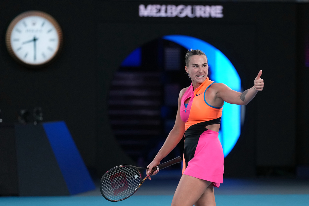 Aryna Sabalenka of Belarus reacts during her semifinal match against Elina Svitolina of Ukraine during their semifinal match at the Australian Open tennis championship in Melbourne, Australia, Thursday, Jan. 29, 2026. (AP Photo/Dita Alangkara)